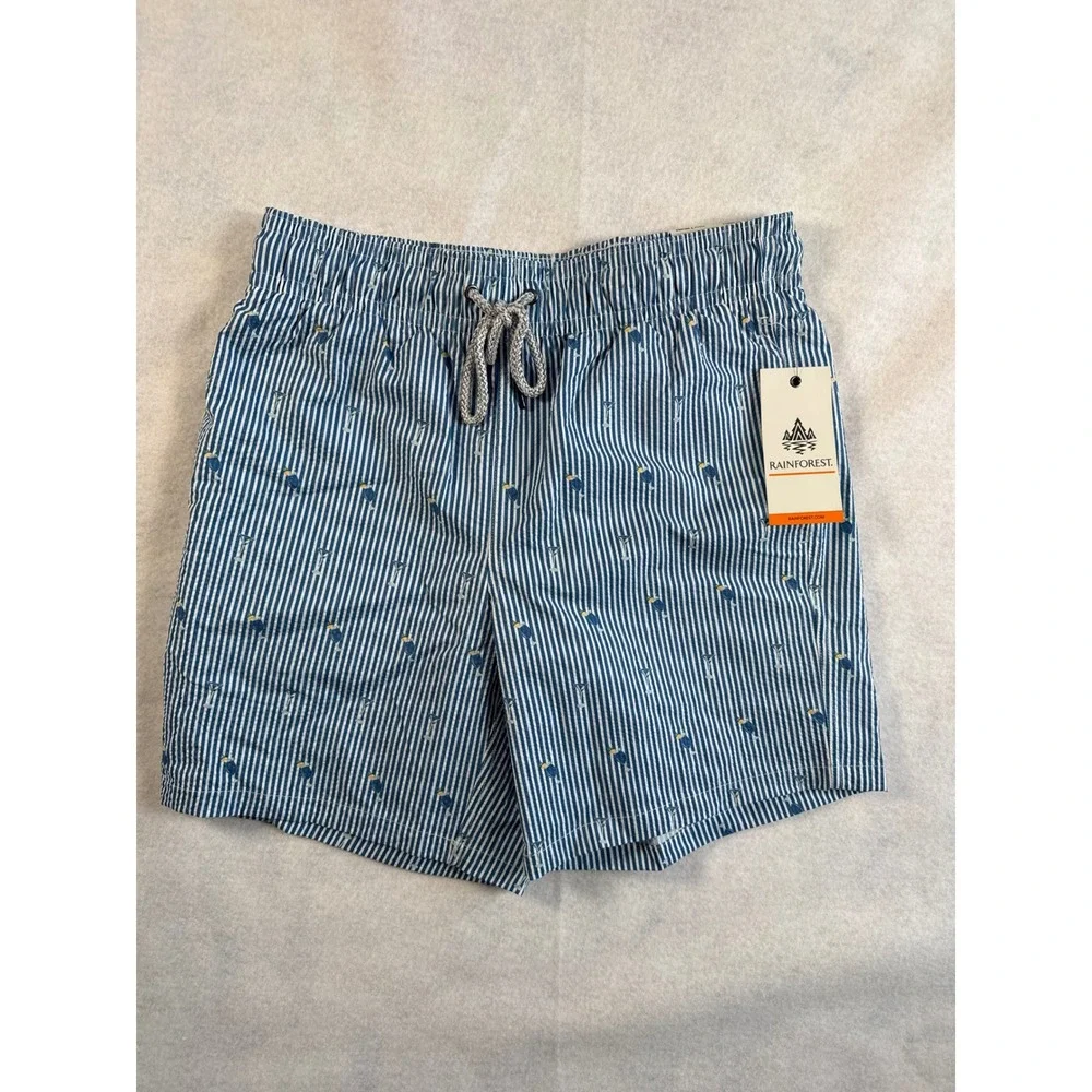 Rainforest Mens Bering Sea‎ Striped Martini Swim Trunks RF02A4237 Blue Small NWT